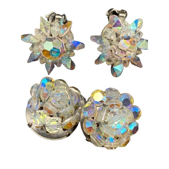 Vintage Clip On Aurora Borealis Crystal Earrings -set of two strong clips - Picture 2 of 7